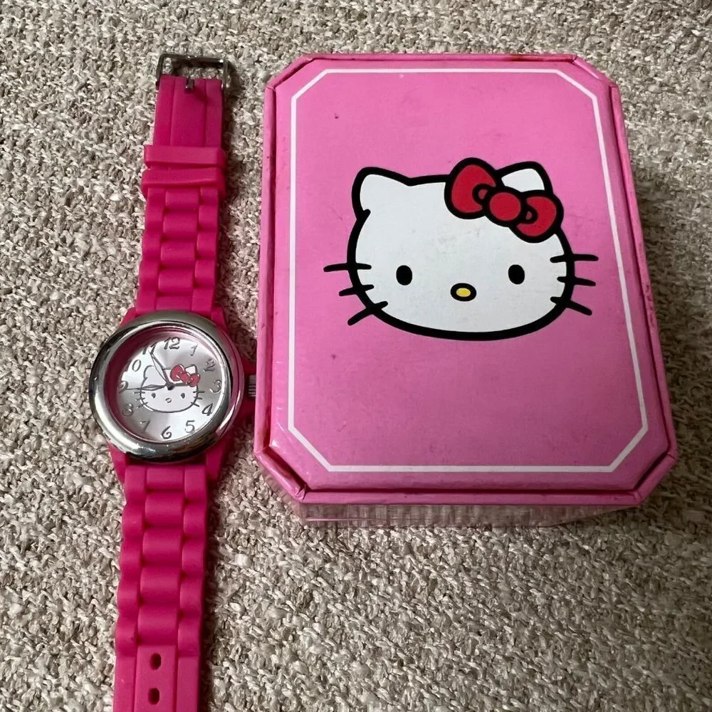Hello Kitty Sanrio Watch Silver Bezel Pink Rubber Band